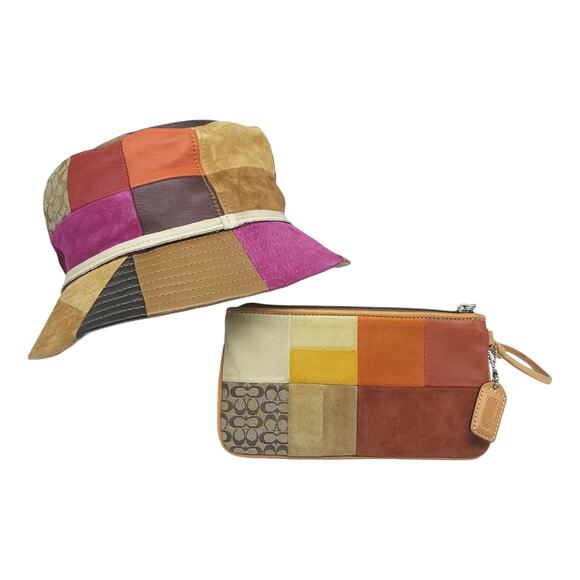 Vintage Y2k Coach Bucket Hat Wristlet Set Patchwork Wallet Purse Leather Suede - Picture 5 of 15